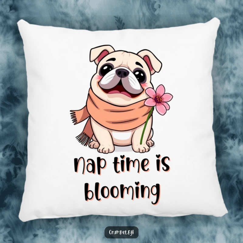 Funny Pillow featuring a soft bulldog in a scarf, happily sniffing a flower, perfect for cozying up and bringing cheerful vibes.