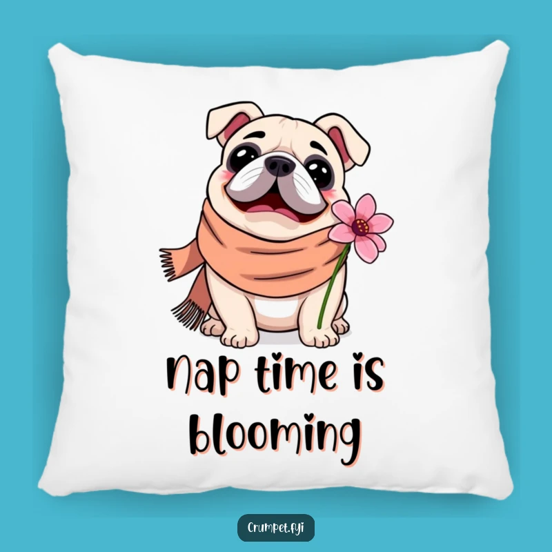 Cozy Funny Bulldog Pillow: Cuddle Up with a Scarf-Worn Flower Sniffer - Ideal Funny Gift!