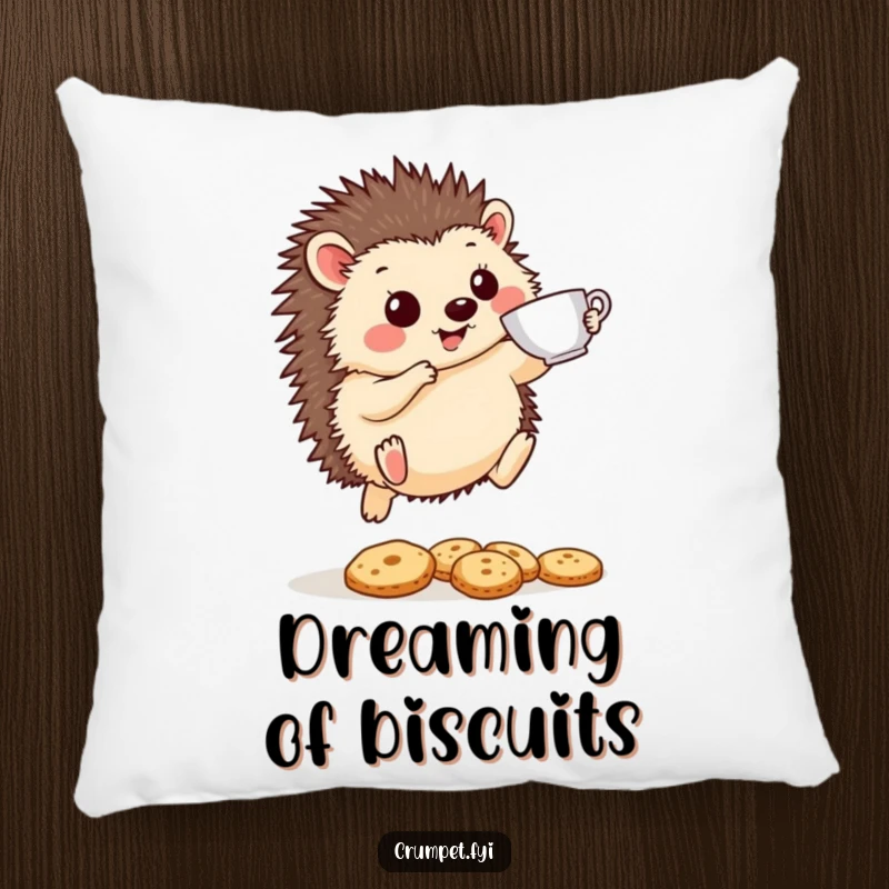 Funny Hedgehog Pillow: A cheerful hedgehog leaps with a teacup over biscuits, offering comfort and a humorous tea-time theme.