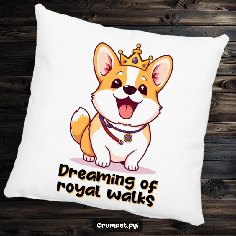Funny Corgi Pillow: An excited corgi in royal regalia wags its tail vigorously, offering comfort and regal, humorous style.