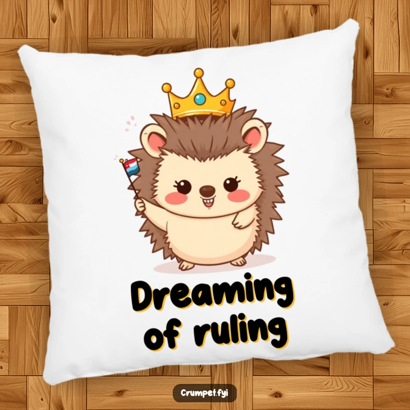 Funny pillow featuring a plush, crowned hedgehog character happily waving a miniature flag, offering soft, regal comfort.