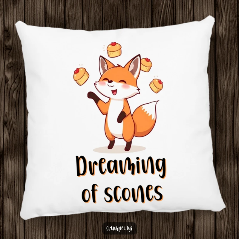 Funny decorative pillow featuring a delighted fox juggling miniature scones, perfect for adding soft humor and comfort to seating areas.