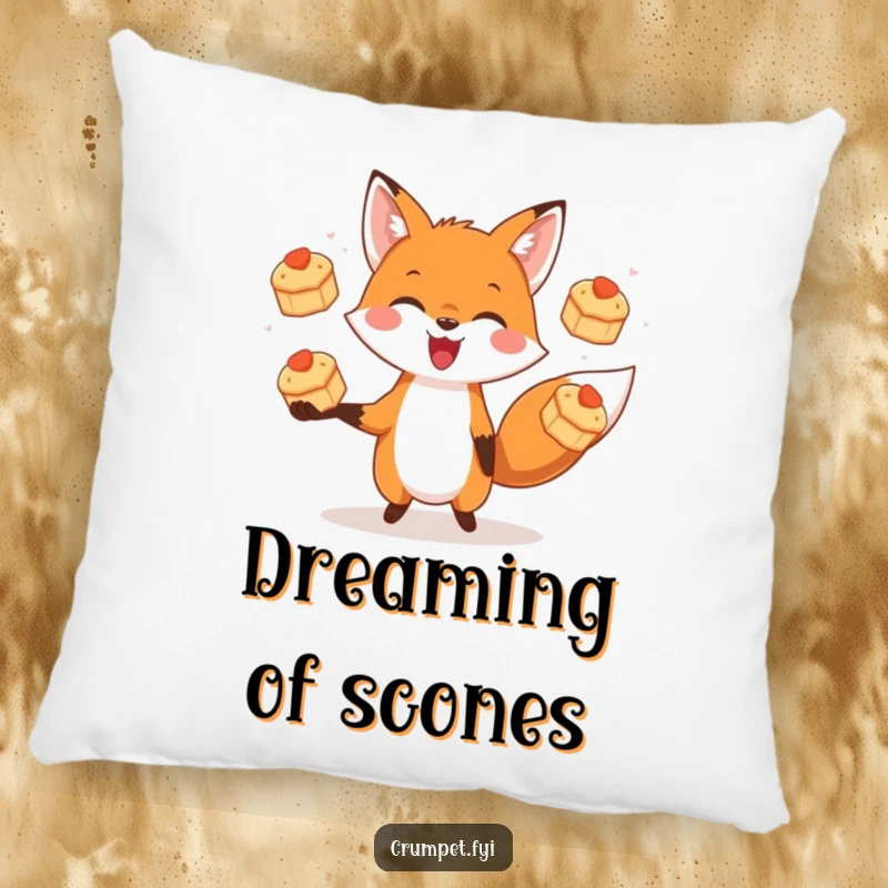 Funny pillow featuring a gleeful fox juggling three miniature scones, designed for comfort and amusement.
