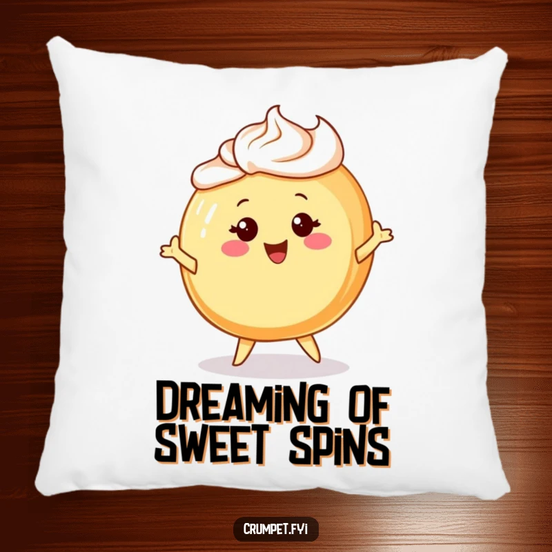 Funny pillow featuring a cheerful Danish pastry character with frosting hair, happily twirling, adding comfort and joy.