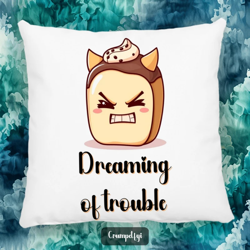 Funny pain au chocolat character winking with a devilish grin on a soft pillow, promoting cozy mischief.