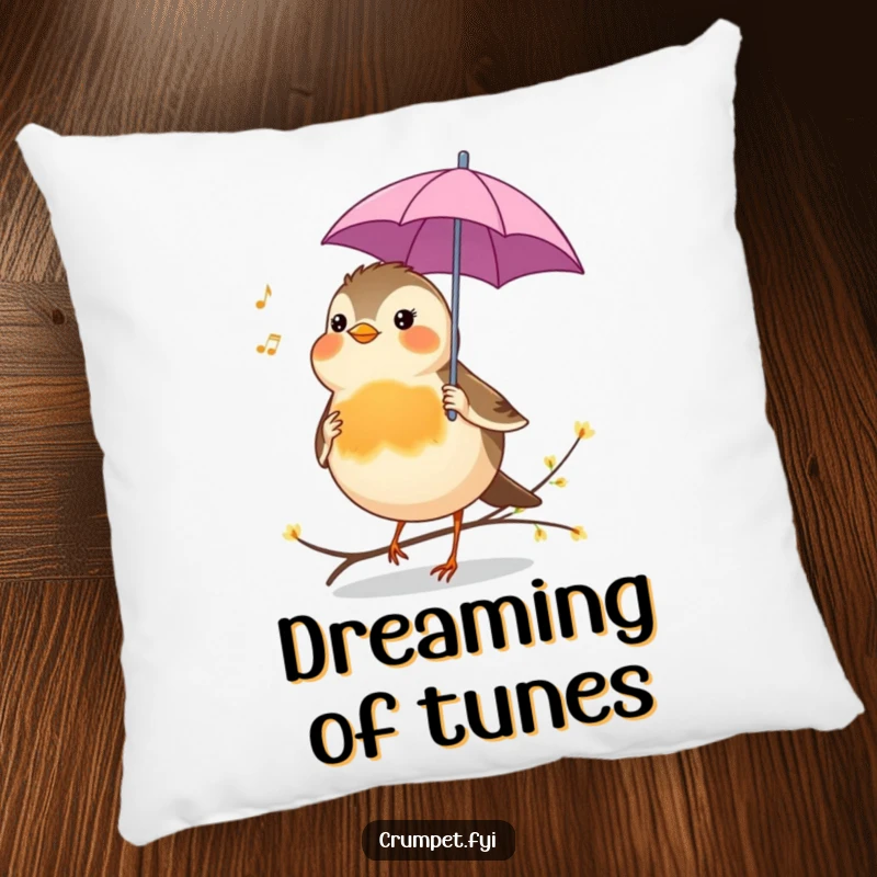 Funny Pillow featuring a cheerful robin holding a tiny umbrella, singing a tune, for soft, musical comfort.