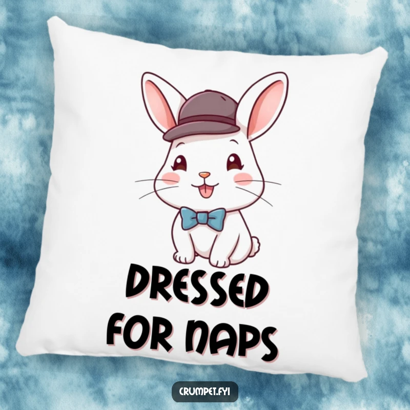Funny decorative pillow featuring a happy rabbit sporting a bowler hat and bow tie, perfect for adding cozy sophistication and humor.