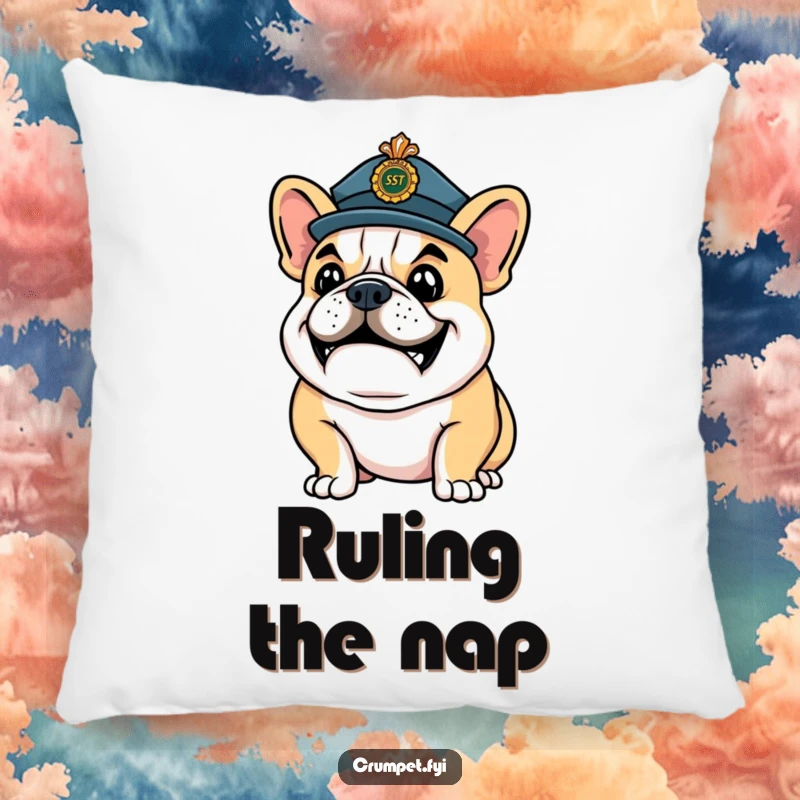 Funny Pillow: A happy bulldog in a ceremonial hat strikes a confident pose, offering soft, regal humor.