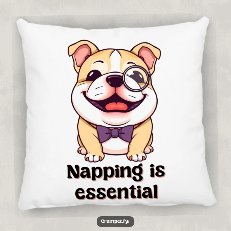 Funny Bulldog Pillow: A joyful bulldog wearing a monocle and bow tie, offering sophisticated comfort and humor, a charming funny gift.
