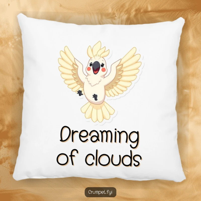 Funny cockatoo pillow featuring a happy cockatoo flying with outstretched wings. A soft and humorous accent for any room.
