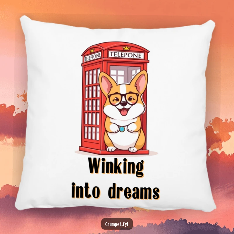 Funny Pillow: A delighted corgi sporting a monocle gives a knowing wink beside a red telephone box.