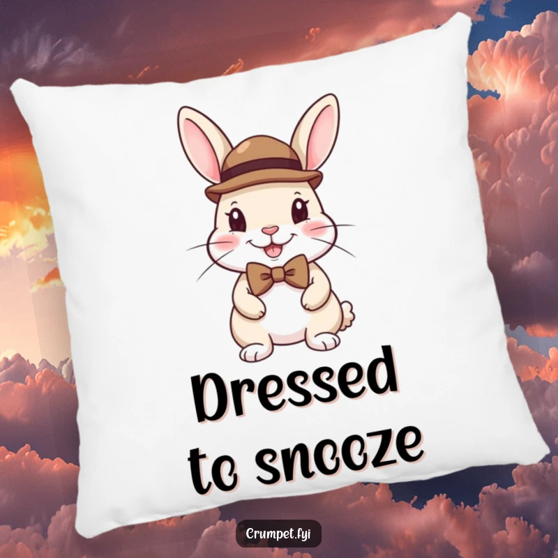Funny pillow featuring a happy rabbit looking dapper in a small bowler hat and a neat bow tie.