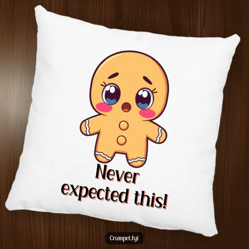 Funny gingerbread man character with wide, shocked eyes on a soft pillow, promoting cozy astonishment.