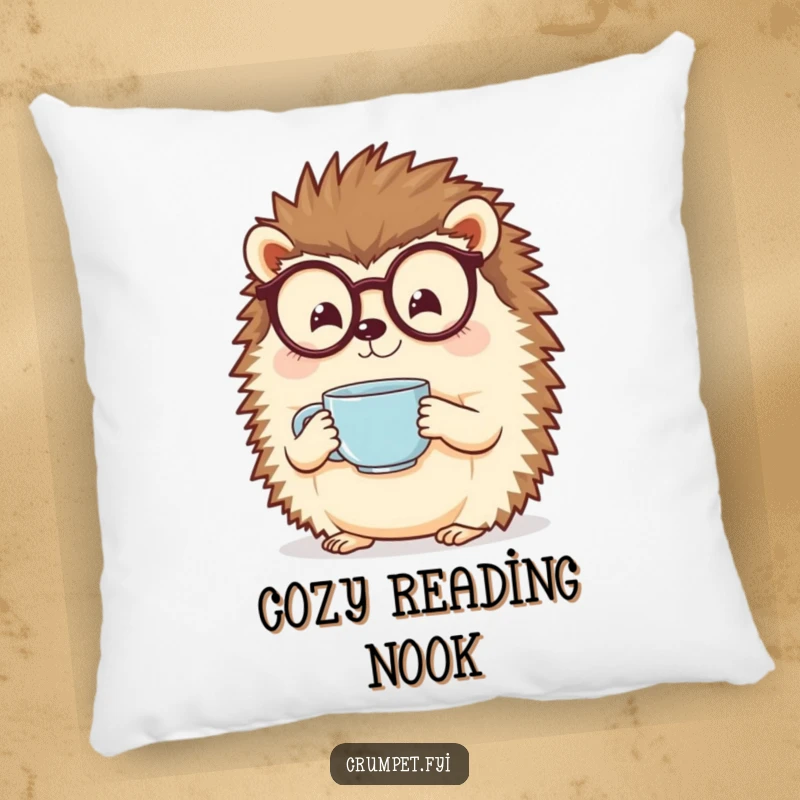 Funny hedgehog wearing spectacles holding a steaming teacup on a plush pillow. A comforting funny gift.