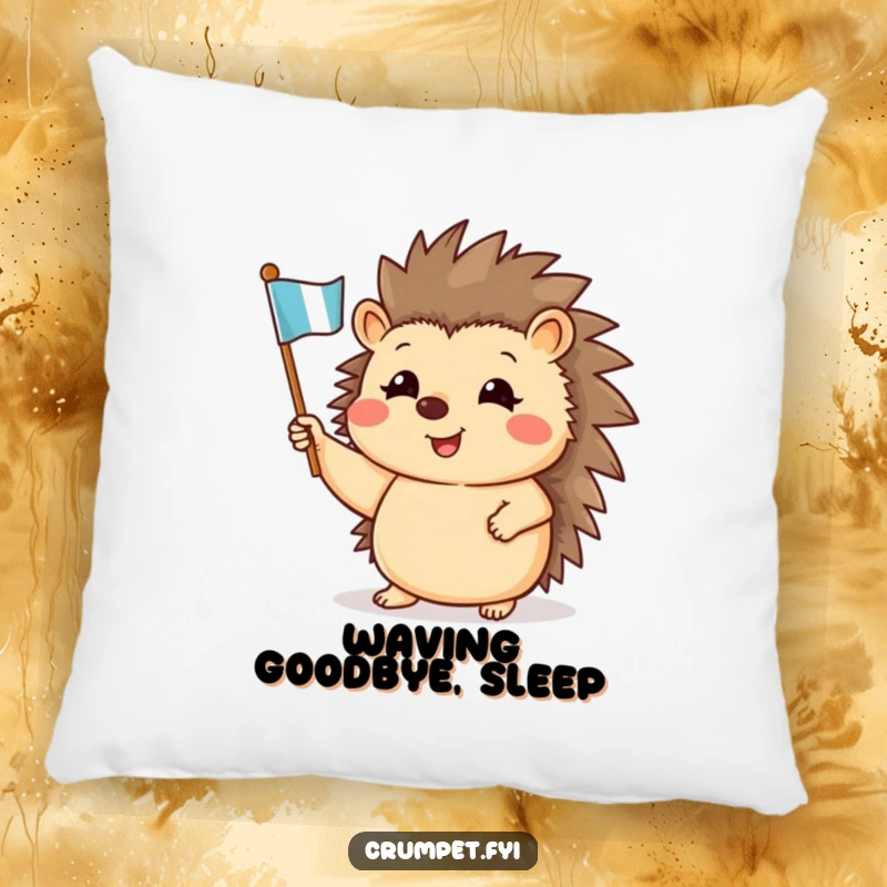 Funny pillow with a cheerful hedgehog waving a small flag, providing cozy comfort and a happy mood.