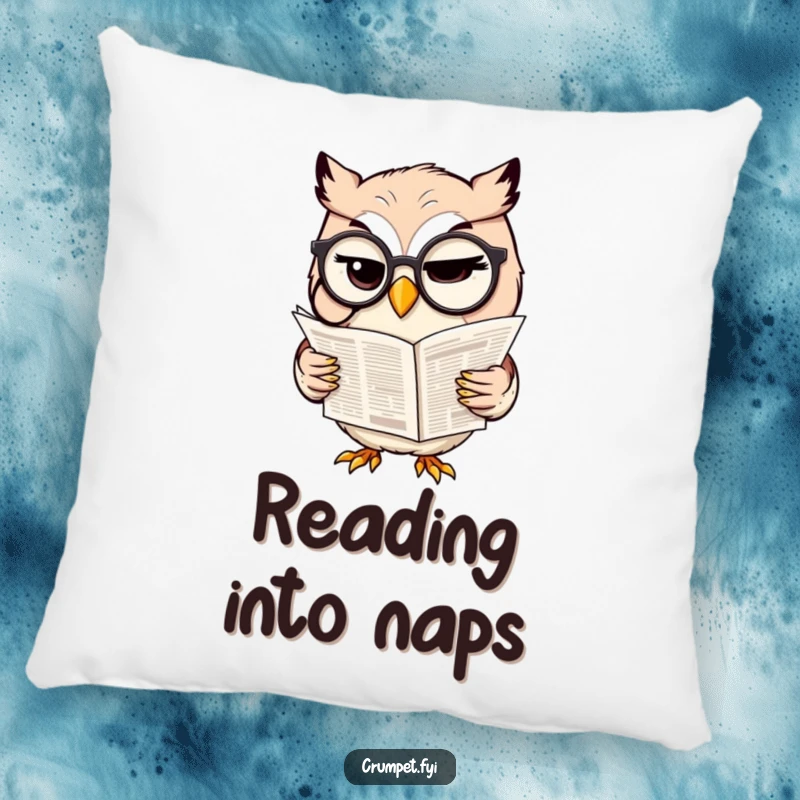 Funny pillow with a sophisticated owl winking while reading a newspaper, offering comfort and witty charm.