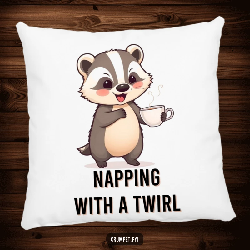 Funny pillow displaying a playful badger performing a jaunty dance with a teacup, offering comfort with whimsical humor.
