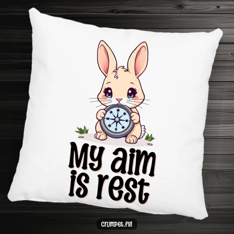 Funny Rabbit Pillow: A curious rabbit with bright eyes examines a compass, offering comfort and humor, a delightful funny gift.