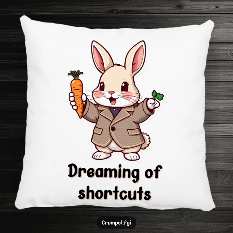 Funny rabbit pillow with a rabbit in a tweed jacket pointing with a carrot, comfortable and humorous decor gift.