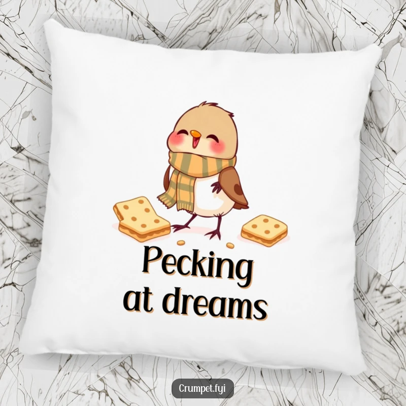 Funny Pillow: A jubilant robin wearing a scarf is captured happily pecking at a biscuit.