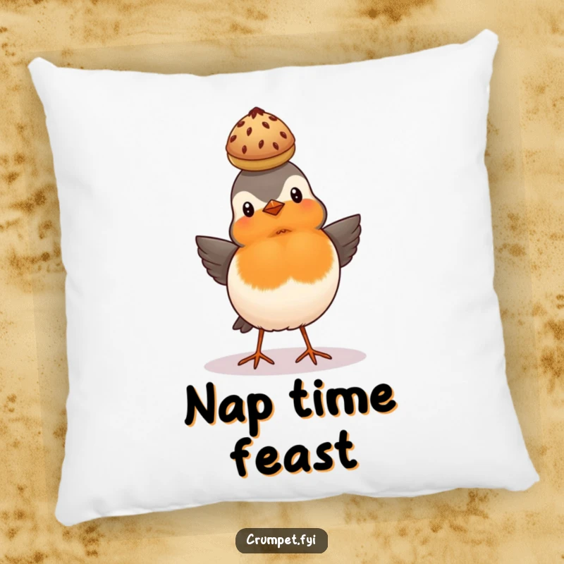 Funny proud robin balancing a scone on its head on a decorative British bird pillow.
