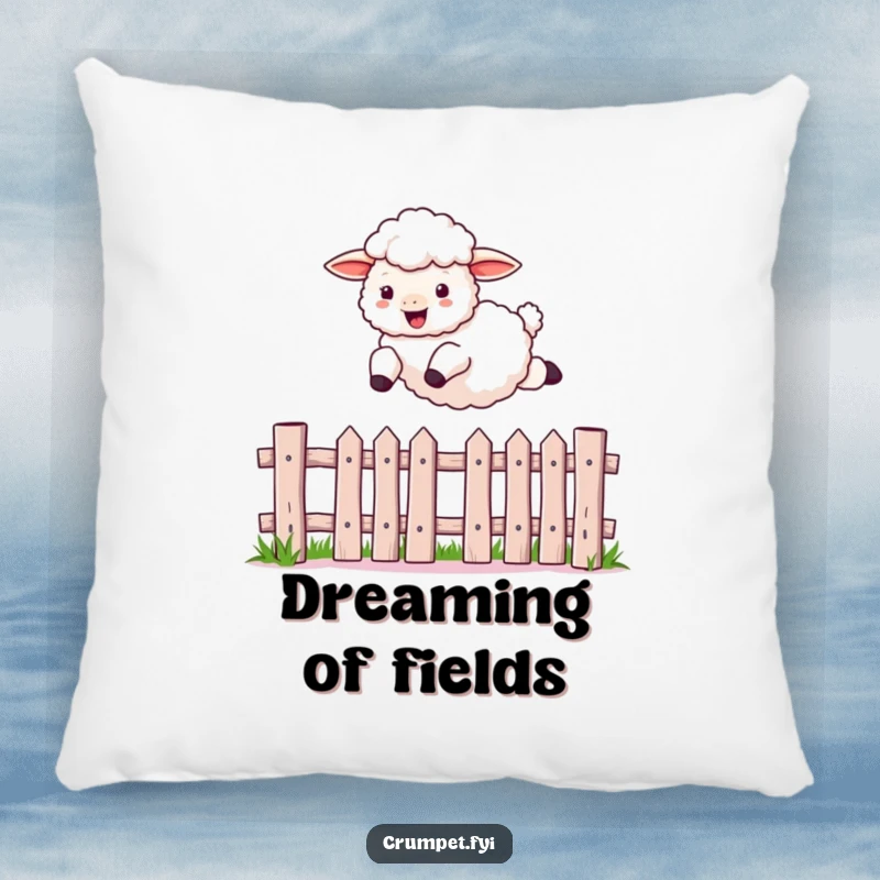 Funny sheep pillow showcasing a fluffy sheep jumping over a picket fence, offering a humorous and soft decorative accent.