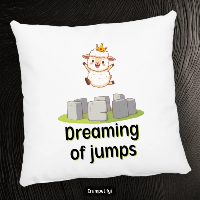 Funny Pillow: A fluffy sheep wearing a crown is captured mid-jump over a tiny Stonehenge statue.