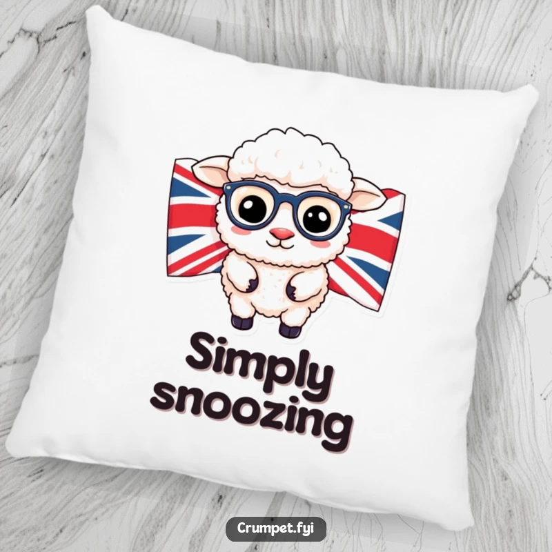 Funny British sheep wearing spectacles peeking from behind Union Jack flag on a soft pillow.