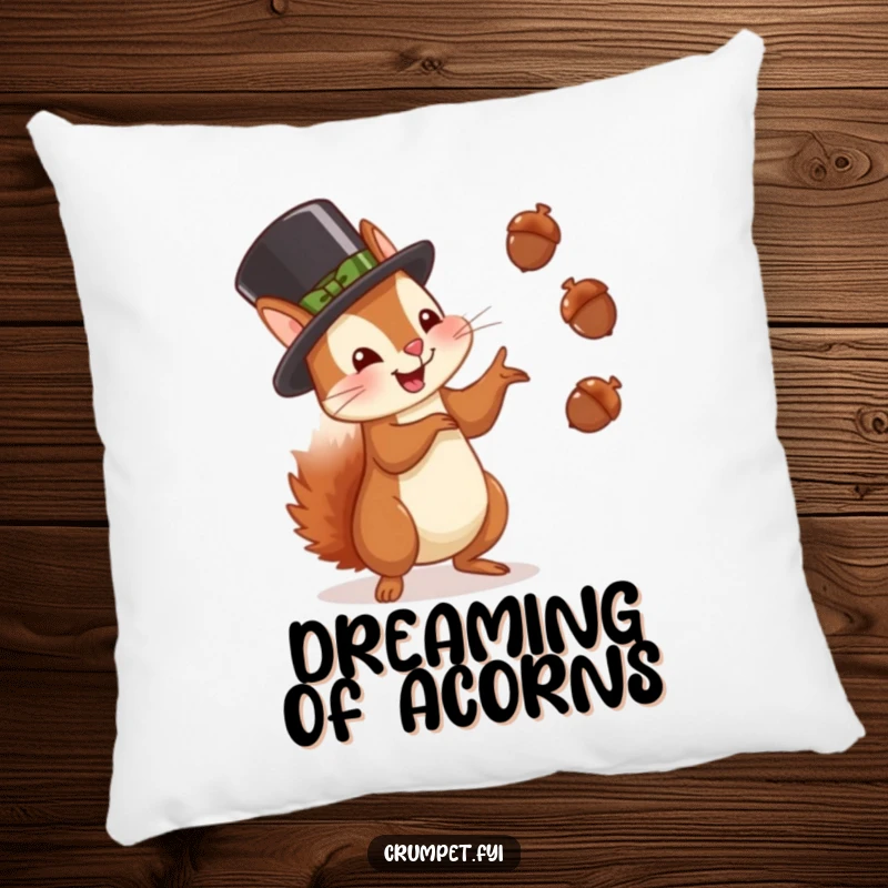 Funny squirrel pillow with a squirrel in a bowler hat juggling acorns with glee, comfortable and humorous decor gift.
