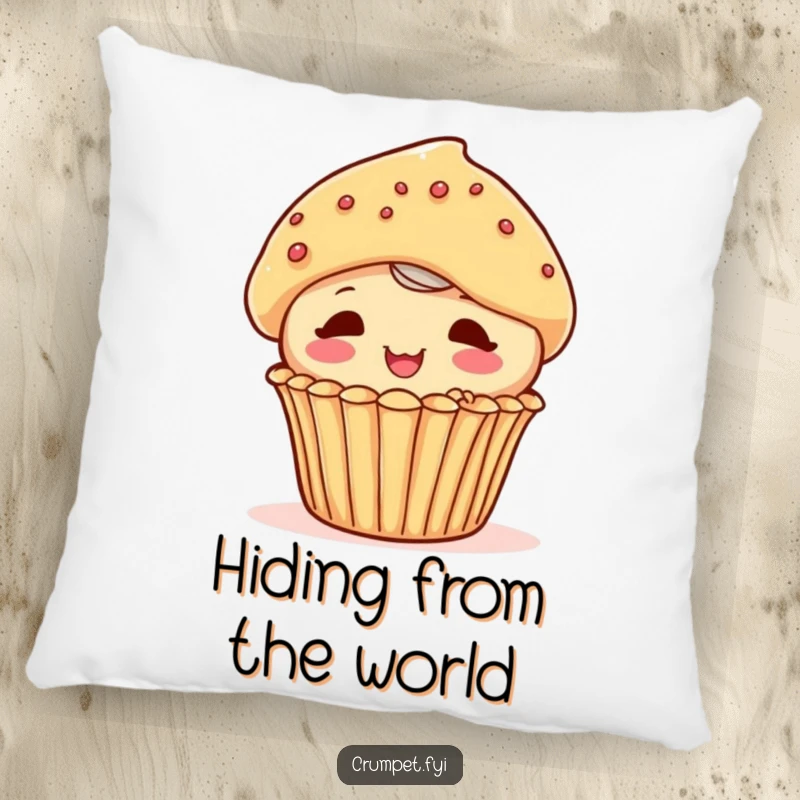 Funny playful muffin character peeking out from behind another pastry on a soft pillow, promoting cute comfort.