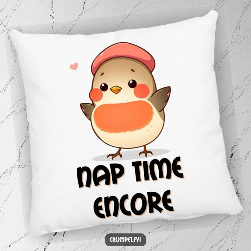 Funny chubby robin in a beret, singing sweetly, featured on a decorative pillow for ultimate comfort.
