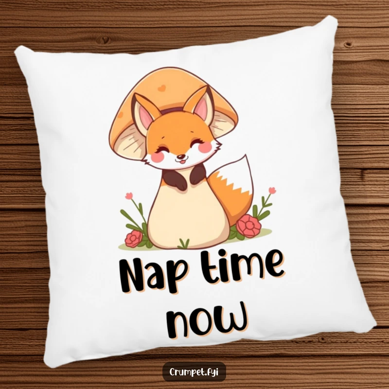 Funny fox pillow featuring a playful fox peeking from behind a mushroom, offering cozy, whimsical comfort and decor.
