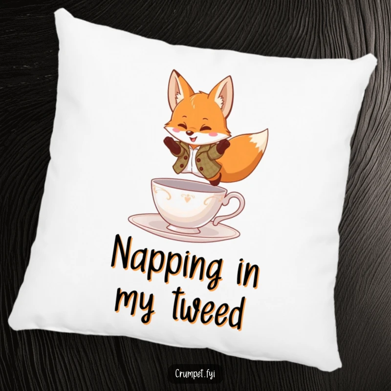 Funny Pillow featuring a playful fox in a tweed jacket, leaping over a teacup, for soft, humorous comfort.