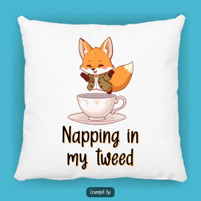 Funny Fox Pillow - Tweed Jacket Leaping Teacup Accent Pillow, Cozy Funny Gift