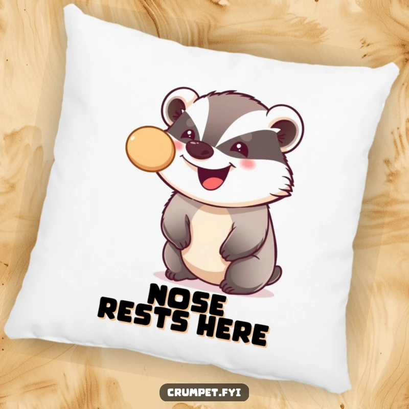 Funny decorative pillow featuring a smiling badger balancing a crumpet on its nose, perfect for adding cozy humor and charm.