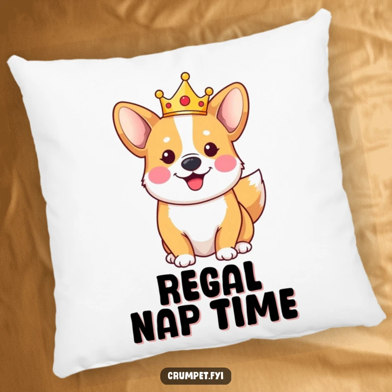 Funny happy corgi pillow wearing a tiny crown, tail wagging, providing cozy royal comfort and adorable charm.