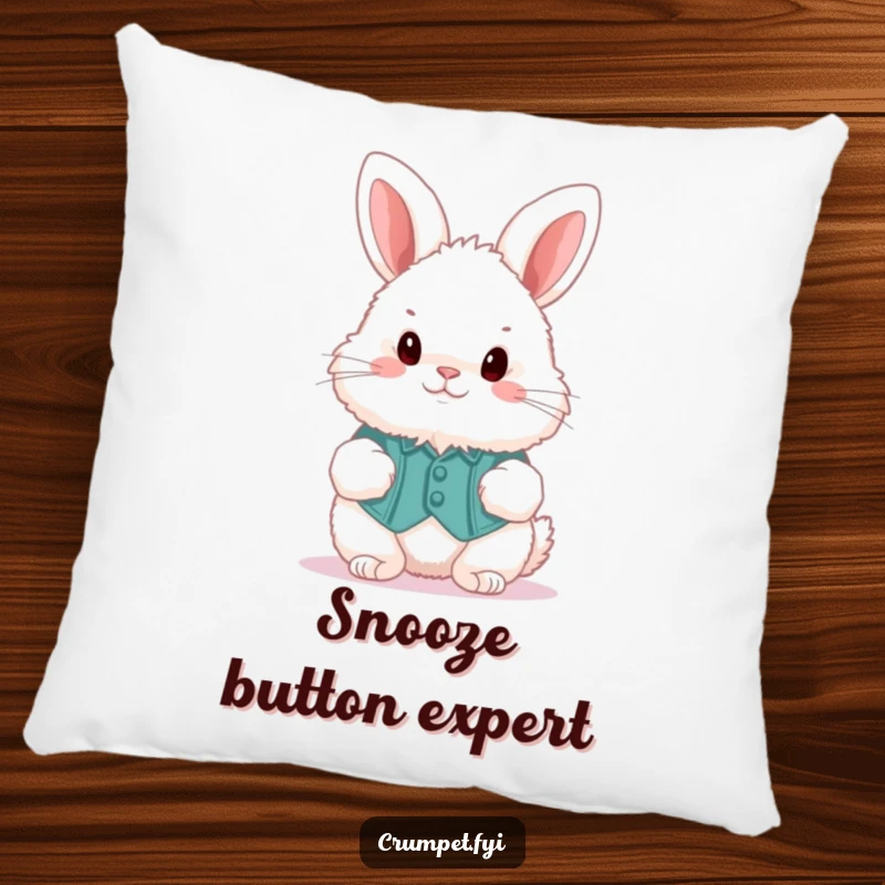 Funny fluffy bunny wearing a waistcoat, hopping gently, featured on a soft decorative pillow.