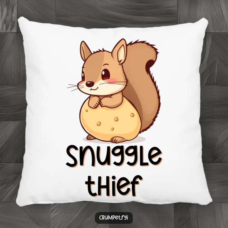 Funny pillow featuring a mischievous squirrel peeking from behind a large crumpet, perfect for cozying up.