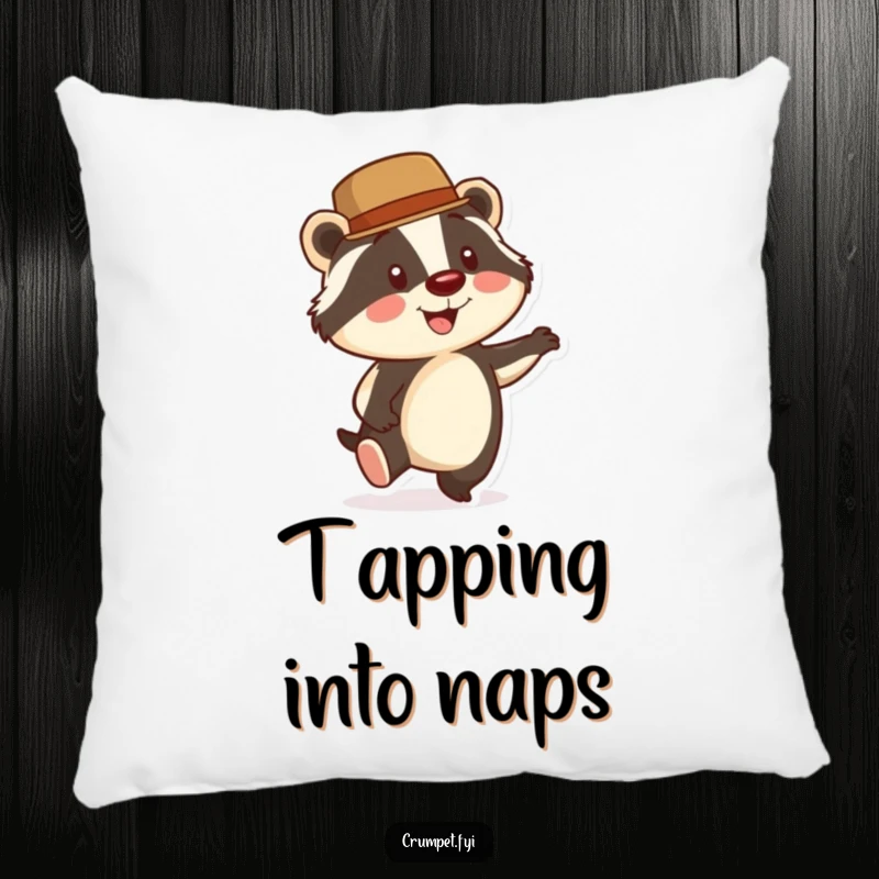 Funny Badger Pillow: A smiling badger wearing a bowler hat taps its foot energetically, offering comfort and dapper, humorous style.
