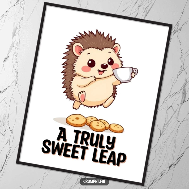 Funny Hedgehog Digital Art: A cheerful hedgehog leaps with a teacup over biscuits, offering instant downloadable whimsical humor.