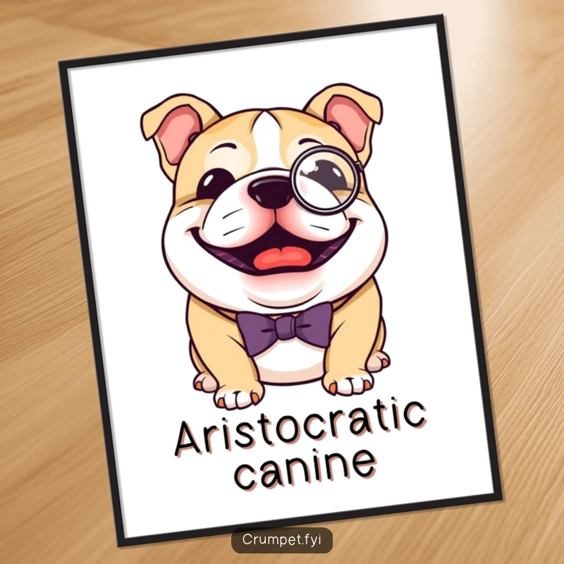 Funny Bulldog Digital Art: A joyful bulldog with a monocle and bow tie, embodying dapper sophistication, a charming funny gift.