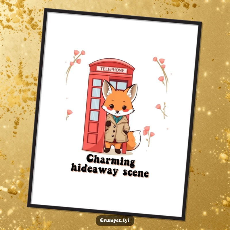 Funny Fox Digital Art: A cute fox in a tweed jacket peeks from behind a red telephone box, offering instant downloadable playful humor.