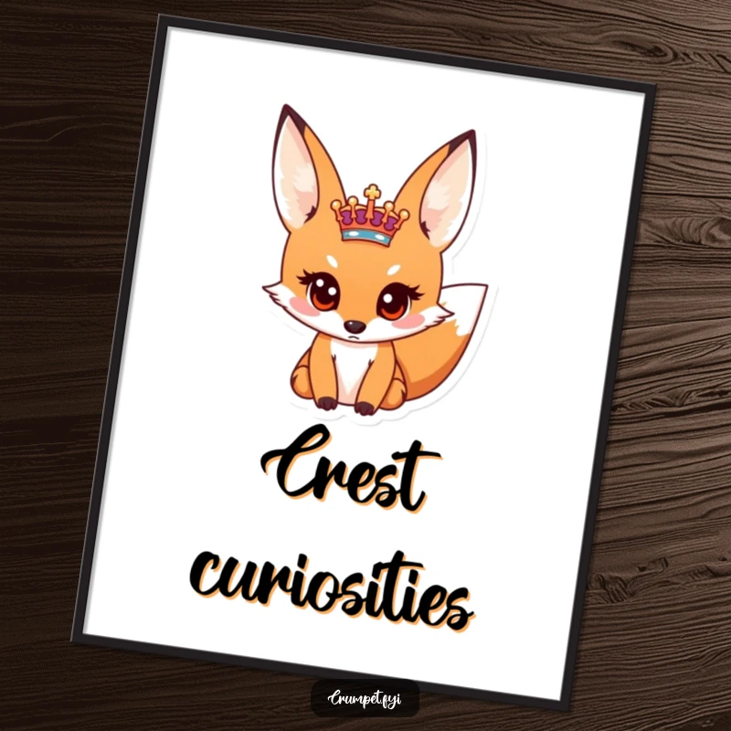Funny digital art print of a curious fox intently observing a miniature royal crest, capturing a moment of humorous discovery.