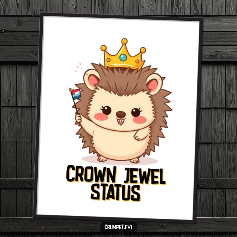 Funny digital art depicting a crowned hedgehog happily waving a miniature flag, perfect for instant regal decor.