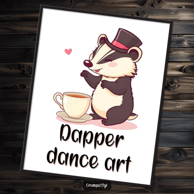 Funny Digital Art Print: Cheerful badger in a top hat dances energetically near a teacup.