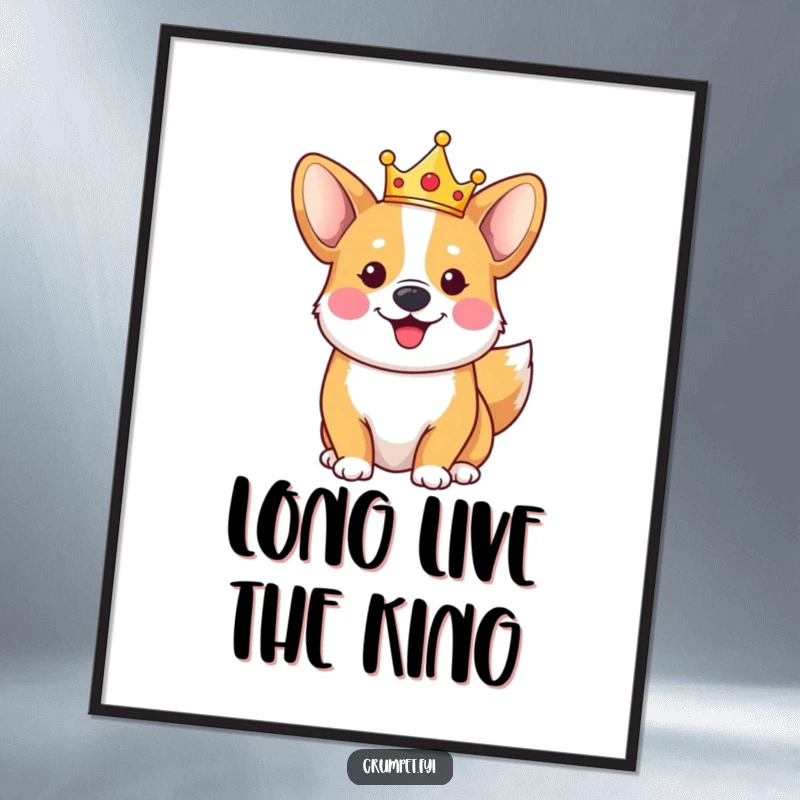 Funny happy corgi digital art print wearing a tiny crown, tail wagging, bringing royal canine charm to walls.