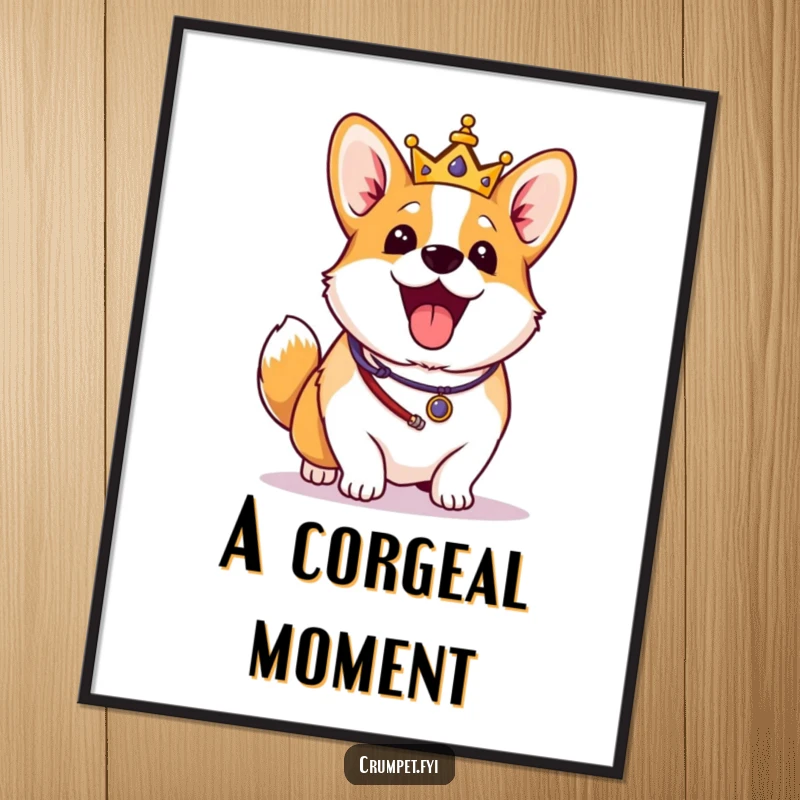 Funny Corgi Digital Art: An excited corgi in royal regalia wags its tail vigorously, offering instant downloadable regal humor.