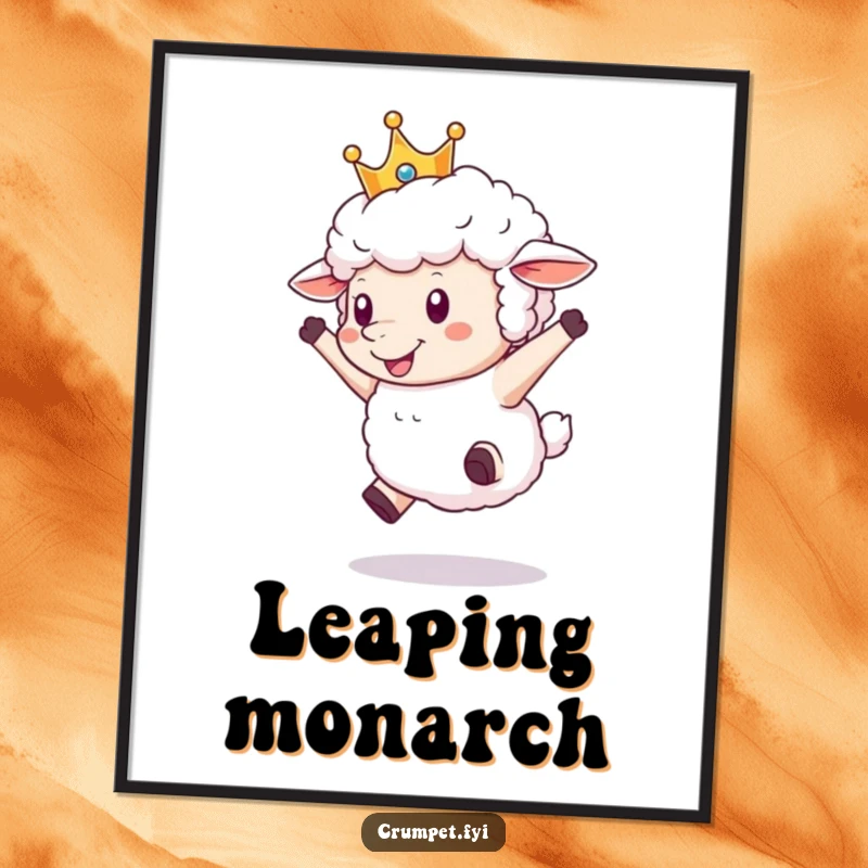 Funny Sheep Digital Art Print of a fluffy sheep wearing a crown, joyfully leaping, ideal for digital display and printable decor.