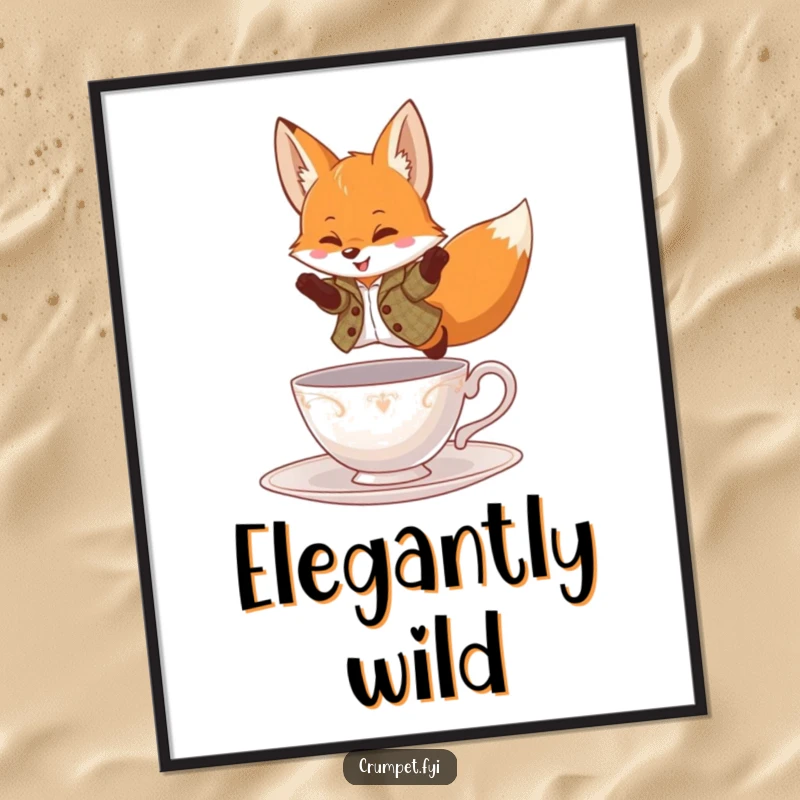 Funny Digital Art Print of a playful fox in a tweed jacket leaping over a teacup, perfect for instant decor.