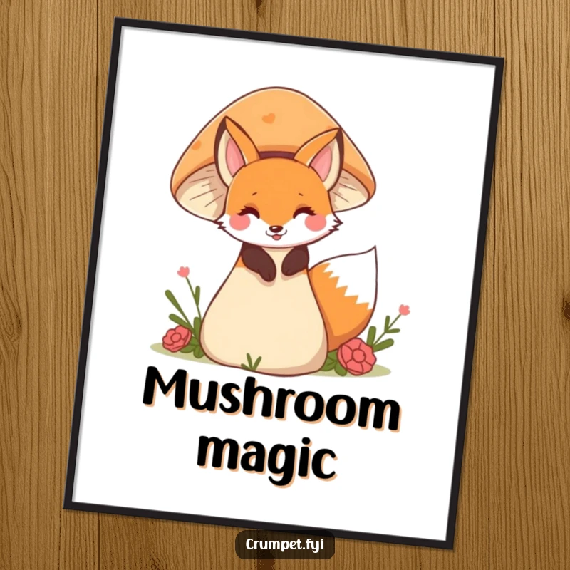 Funny fox digital art print of a playful fox peeking from behind a mushroom, creating a magical and humorous woodland scene.